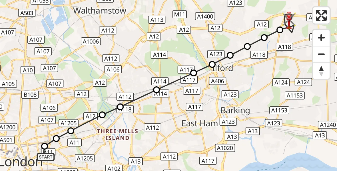 Flight route Air Ambulance Helicopter Royal London Hospital - Little Heath, 01 September 2026, 13:45
