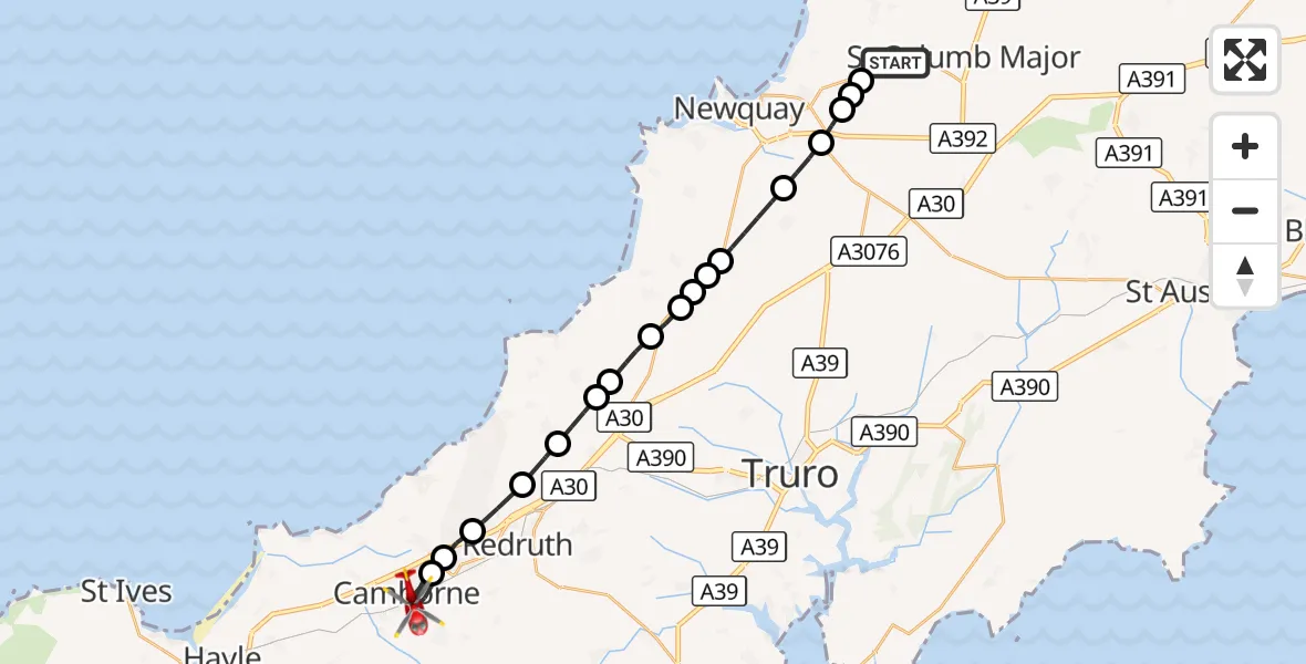 Flight route Air Ambulance Helicopter Cornwall Airport Newquay - Camborne, 01 September 2026, 13:54