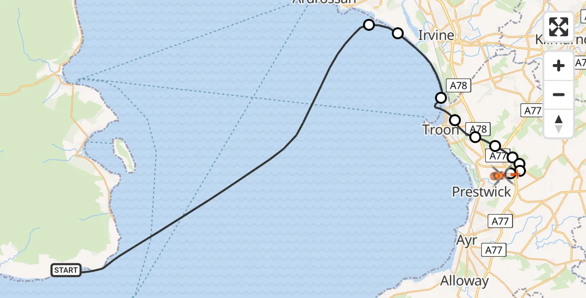 Flight route Coastguard Helicopter Inner Seas - Glasgow Prestwick Airport, 01 September 2026, 14:09