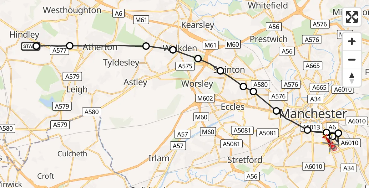 Flight route Air Ambulance Helicopter Hindley - Chorlton-on-Medlock, 01 September 2026, 14:14