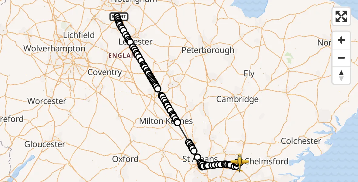 Flight route Police Aircraft East Midlands Airport - North Weald Airfield, 01 September 2026, 14:24