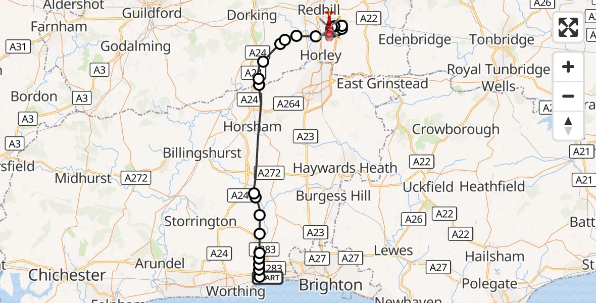 Flight route Air Ambulance Helicopter Brighton City Airport - Redhill Aerodrome, 01 September 2026, 14:28