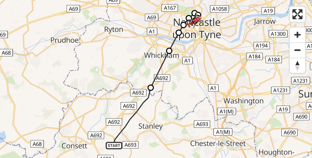 Flight route Air Ambulance Helicopter Stanley - Newcastle Royal Victoria Infirmary, 01 September 2026, 14:30