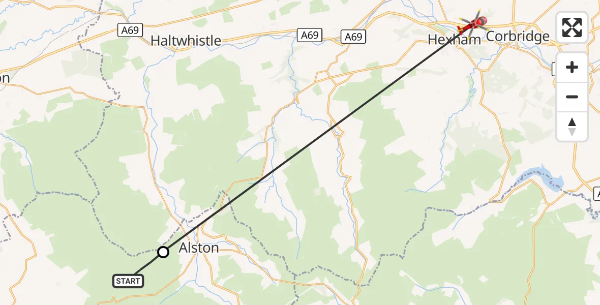Flight route Air Ambulance Helicopter Alston Moor - Oakwood, 01 September 2026, 14:30