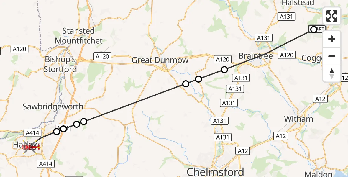 Flight route Air Ambulance Helicopter Earls Colne Airfield - Harlow, 01 September 2026, 14:41