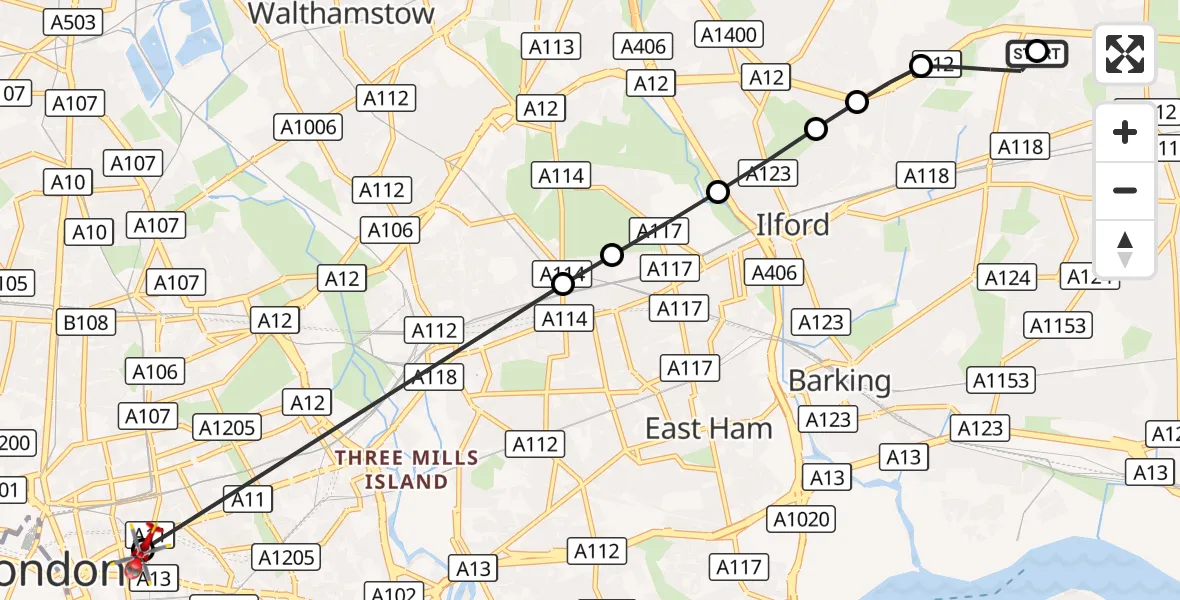Flight route Air Ambulance Helicopter Little Heath - Royal London Hospital, 01 September 2026, 14:43