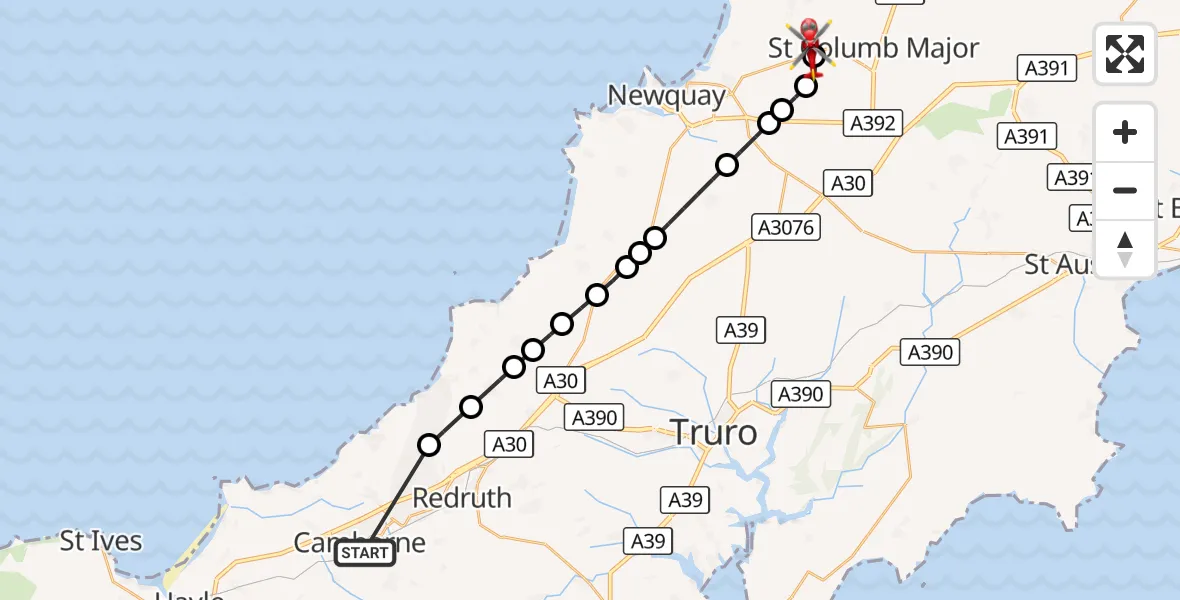 Flight route Air Ambulance Helicopter Camborne - Cornwall Airport Newquay, 01 September 2026, 14:48