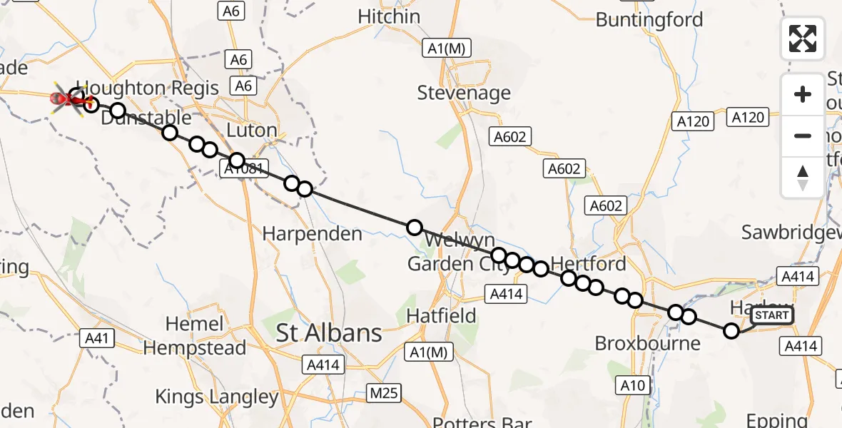 Flight route Air Ambulance Helicopter Harlow - Stanbridge, 01 September 2026, 15:02