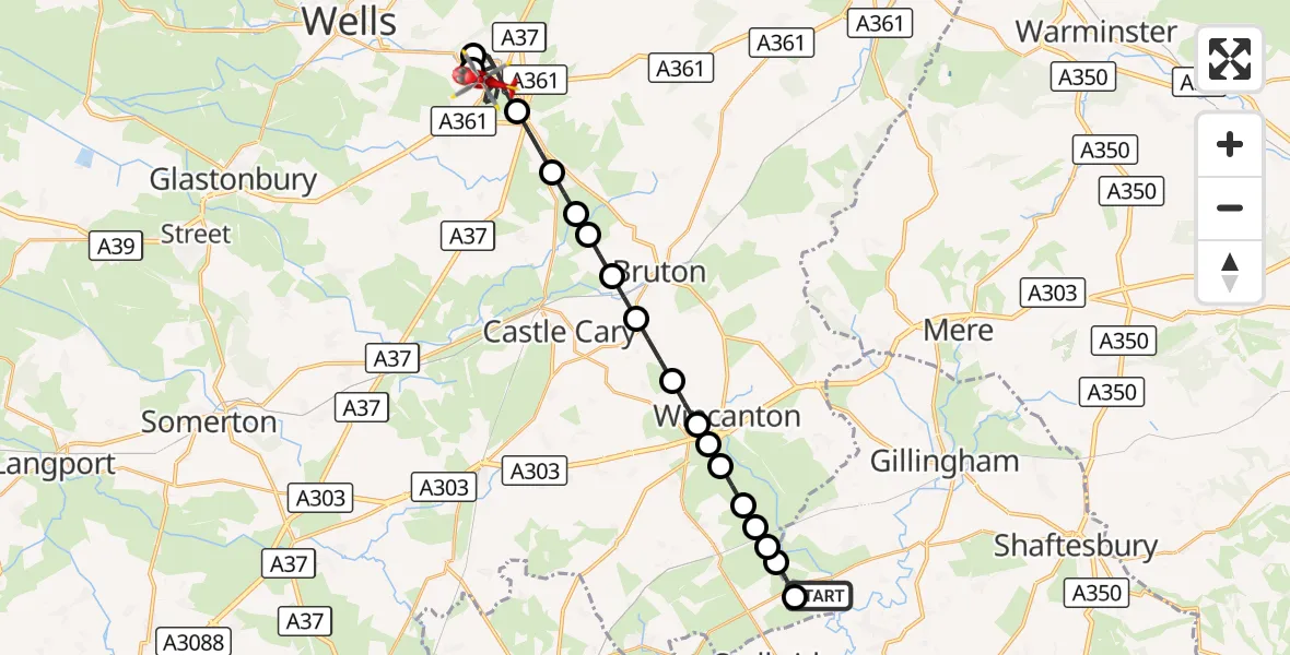 Flight route Air Ambulance Helicopter Henstridge Airfield - Shepton Mallet, 01 September 2026, 15:03