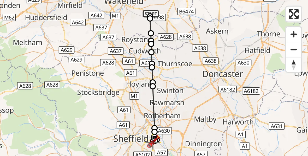 Flight route Air Ambulance Helicopter YAA Nostell Helicopter Port - Handsworth, 01 September 2026, 15:05
