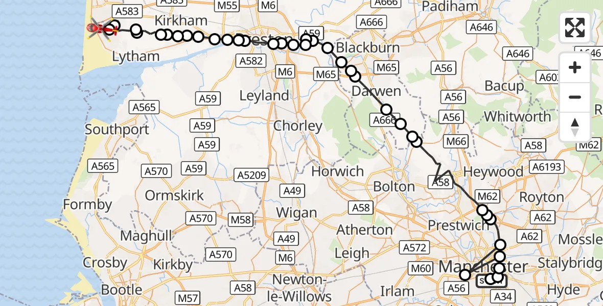 Flight route Air Ambulance Helicopter Ardwick - Blackpool Airport, 01 September 2026, 15:06