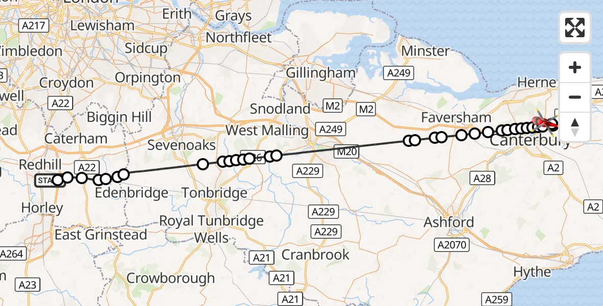 Flight route Air Ambulance Helicopter Redhill Aerodrome - Sturry, 01 September 2026, 15:19