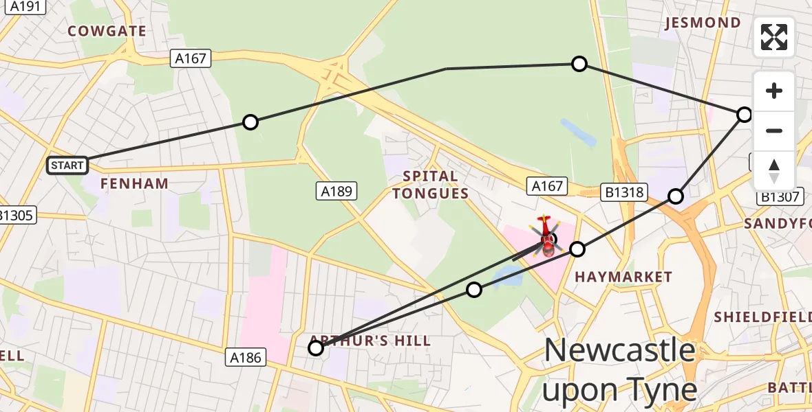 Flight route Air Ambulance Helicopter Cowgate - Newcastle Royal Victoria Infirmary, 01 September 2026, 15:26
