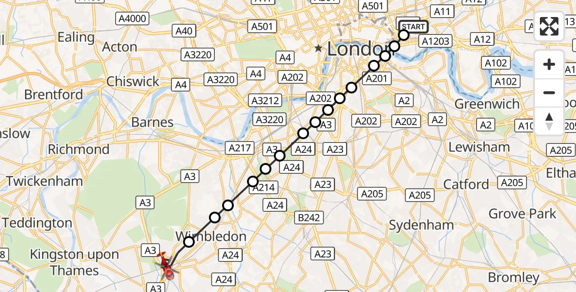 Flight route Air Ambulance Helicopter Royal London Hospital - Raynes Park, 01 September 2026, 15:28