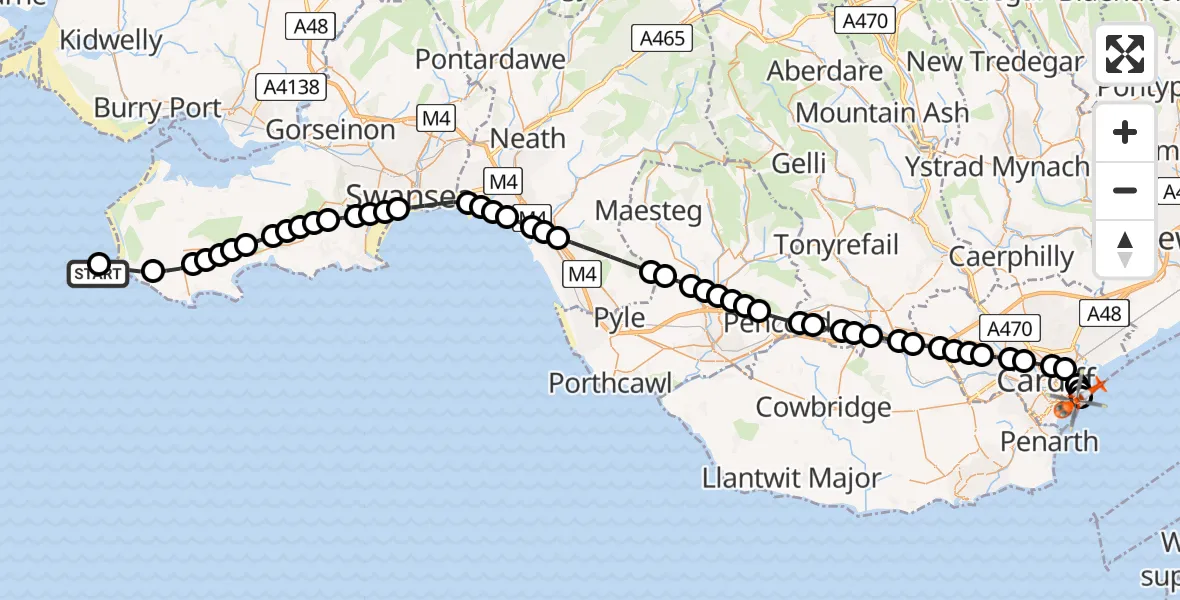 Flight route Coastguard Helicopter Bristol Channel - Cardiff Heliport, 01 September 2026, 15:31