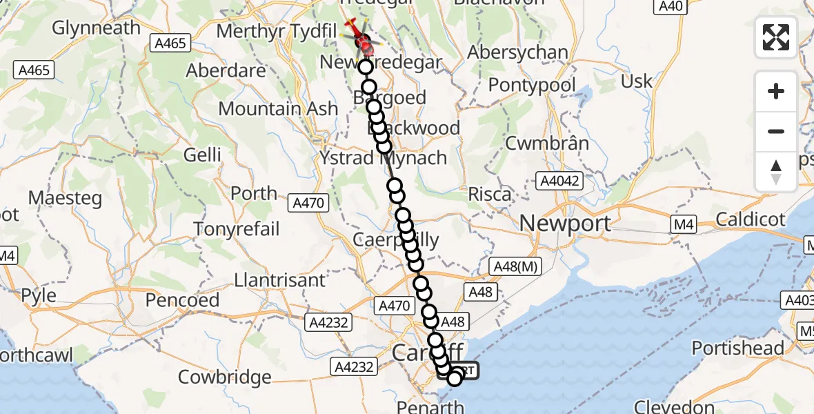 Flight route Air Ambulance Helicopter Cardiff Heliport - Bargoed, 01 September 2026, 15:33