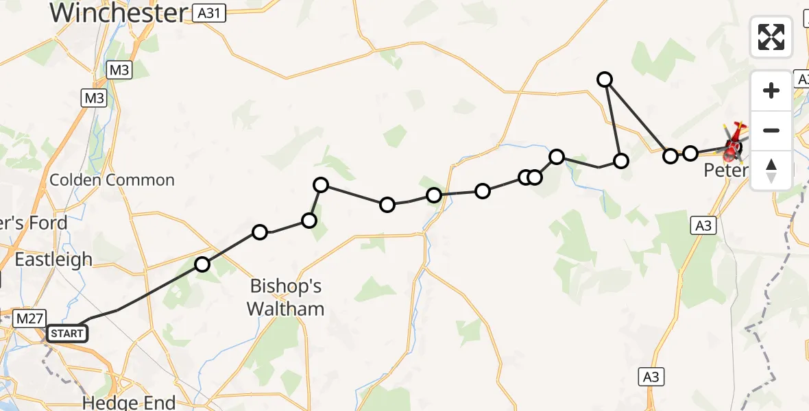 Flight route Air Ambulance Helicopter Eastleigh - Petersfield, 01 September 2026, 15:34