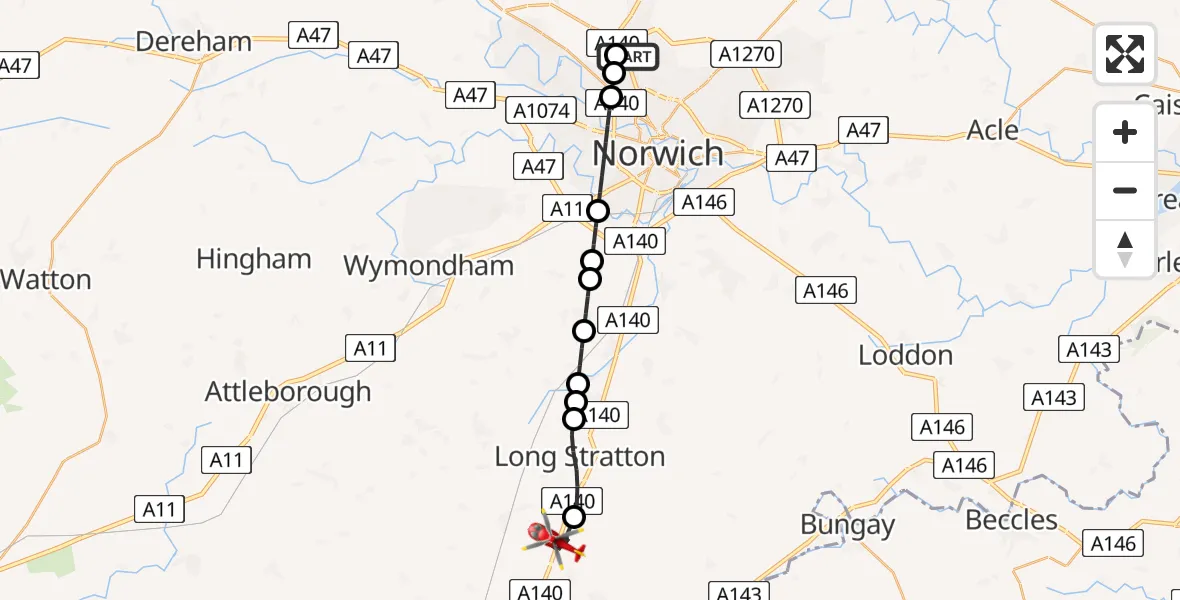Flight route Air Ambulance Helicopter Norwich Airport - South Norfolk, 01 September 2026, 15:47