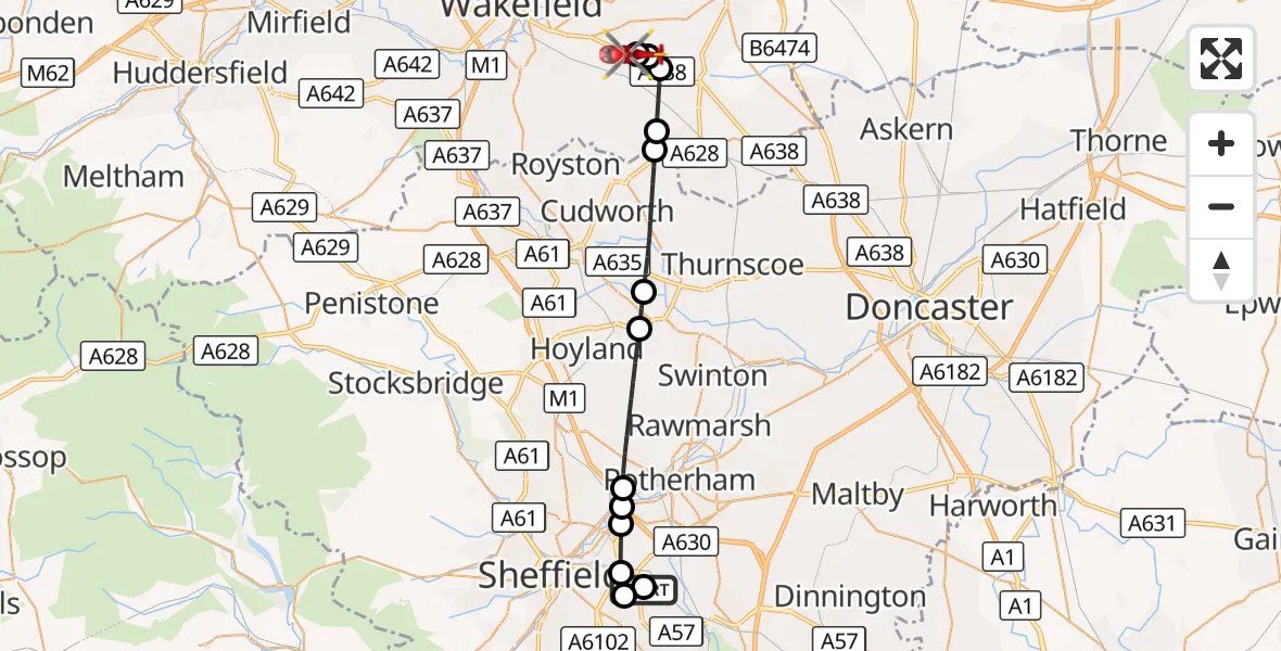 Flight route Air Ambulance Helicopter Handsworth - YAA Nostell Helicopter Port, 01 September 2026, 15:50