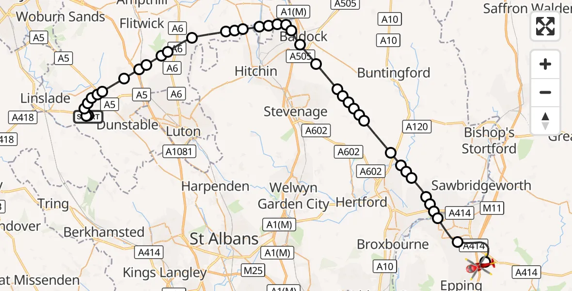 Flight route Air Ambulance Helicopter Totternhoe - North Weald Airfield, 01 September 2026, 16:03