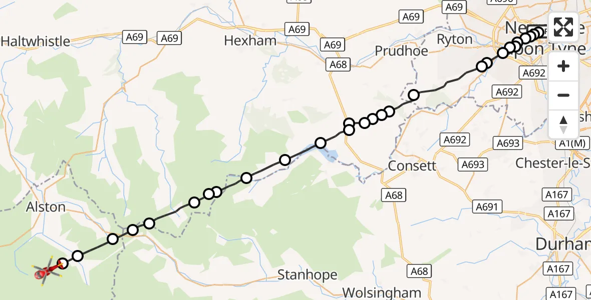 Flight route Air Ambulance Helicopter Newcastle Royal Victoria Infirmary - Alston Moor, 01 September 2026, 16:06
