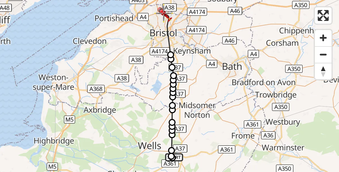 Flight route Air Ambulance Helicopter Shepton Mallet - Bristol, 01 September 2026, 16:10