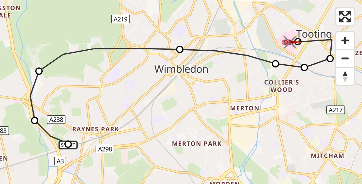 Flight route Air Ambulance Helicopter Raynes Park - St Georges Hospital, 01 September 2026, 16:17