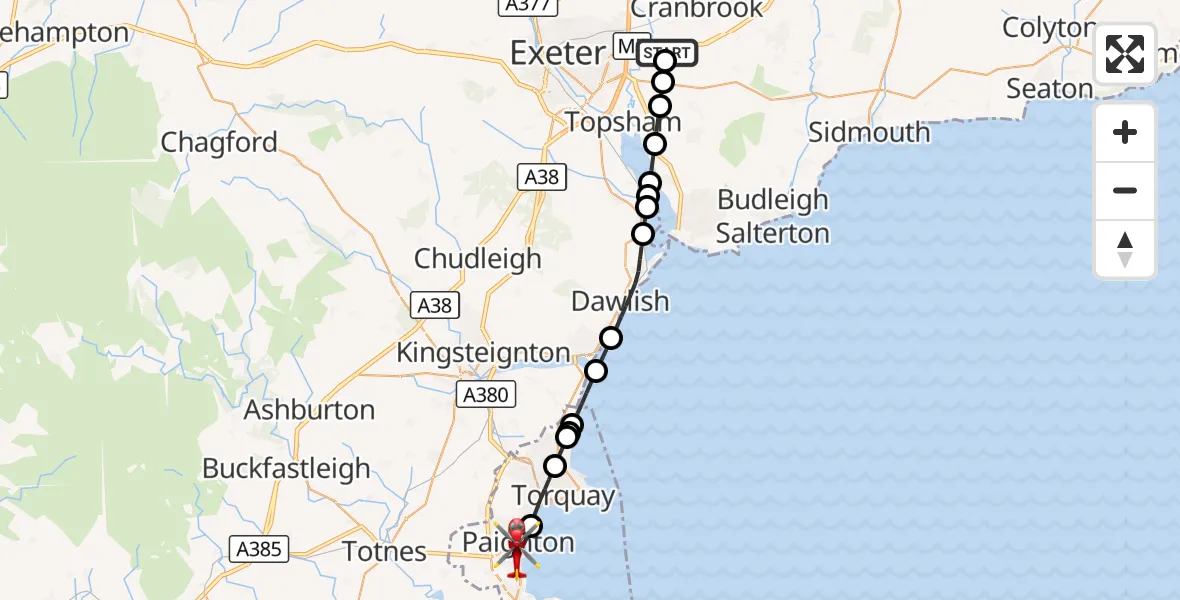 Flight route Air Ambulance Helicopter Exeter International Airport - Paignton, 01 September 2026, 16:20