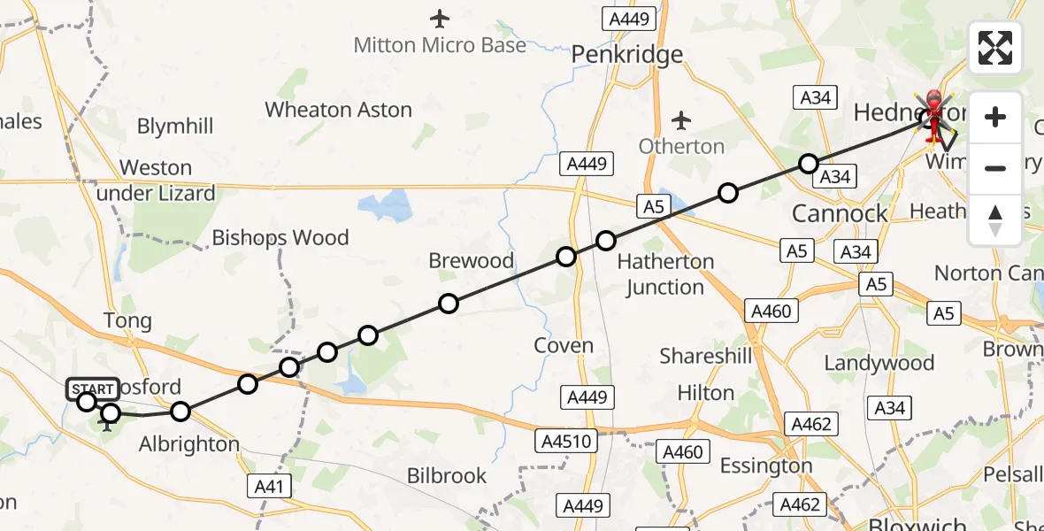 Flight route Air Ambulance Helicopter RAF Cosford - Hednesford, 01 September 2026, 16:29