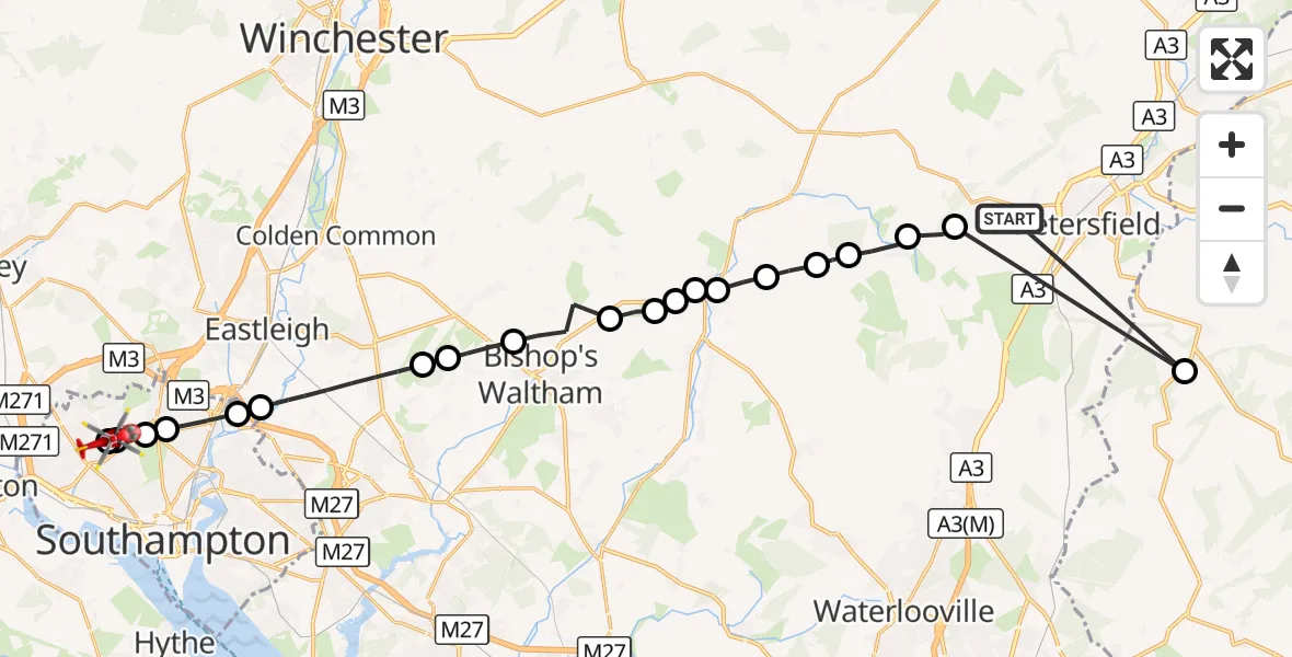 Flight route Air Ambulance Helicopter Stroud - University Hospital Southampton, 01 September 2026, 16:55