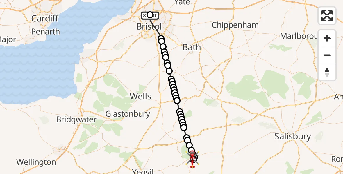 Flight route Air Ambulance Helicopter Southmead Hospital - Henstridge Airfield, 01 September 2026, 17:03