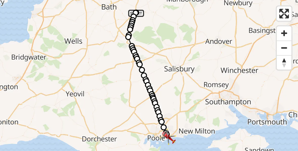 Flight route Air Ambulance Helicopter Wiltshire Air Ambulance - Bournemouth, 01 September 2026, 17:04