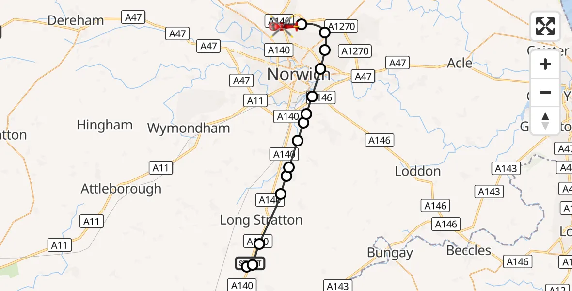 Flight route Air Ambulance Helicopter South Norfolk - Norwich Airport, 01 September 2026, 17:08