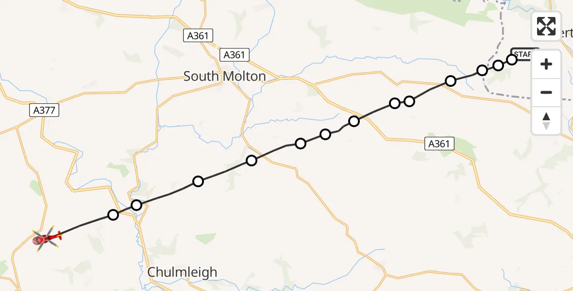 Flight route Air Ambulance Helicopter Dulverton - Burrington, 01 September 2026, 17:15