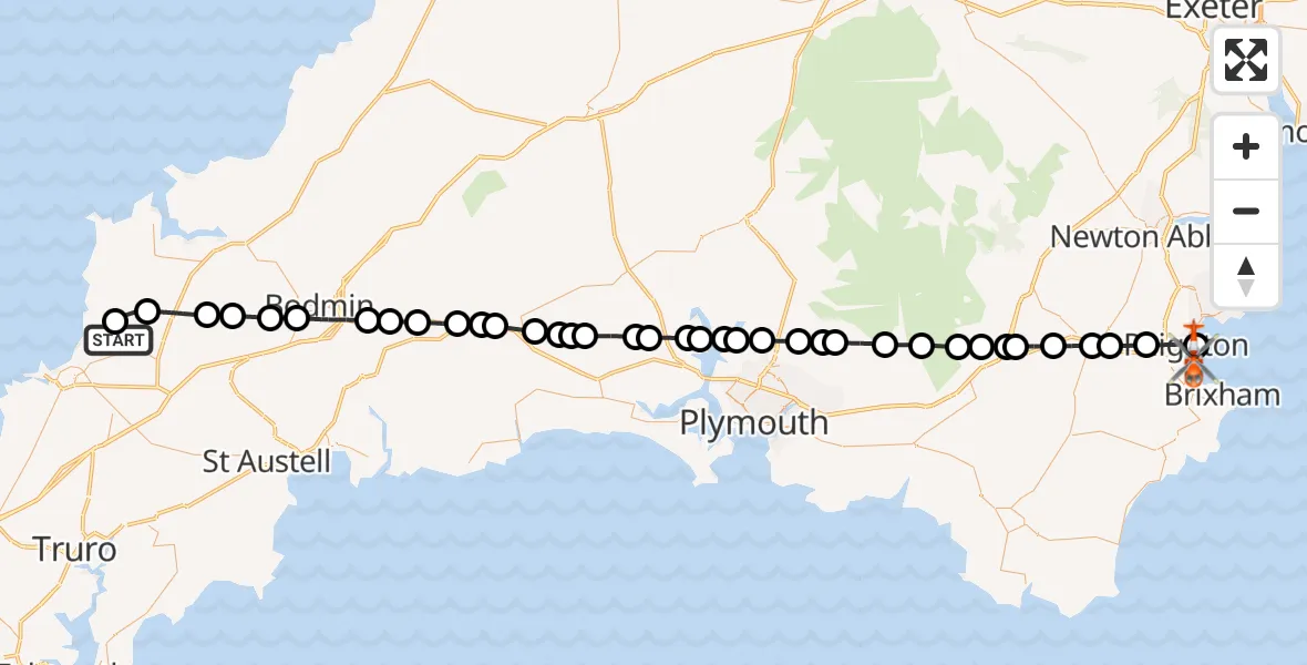Flight route Coastguard Helicopter Cornwall Airport Newquay - English Channel, 01 September 2026, 17:15