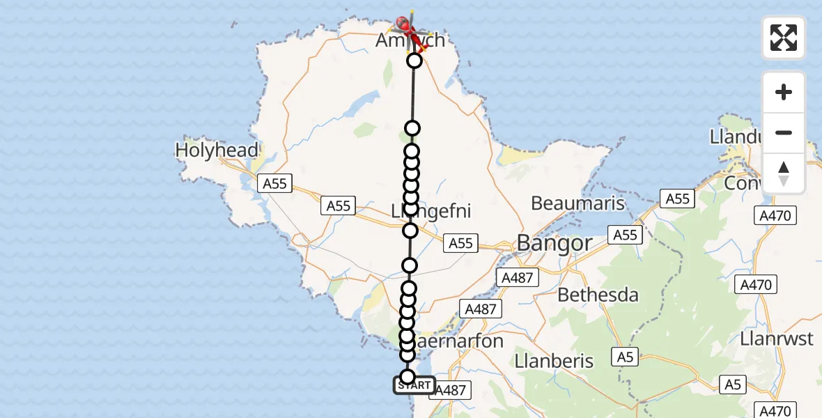 Flight route Air Ambulance Helicopter Caernarfon Airport - Amlwch, 01 September 2026, 17:16