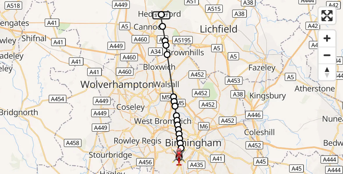 Flight route Air Ambulance Helicopter Hednesford - Queen Elizabeth Hospital Helipad, 01 September 2026, 17:25
