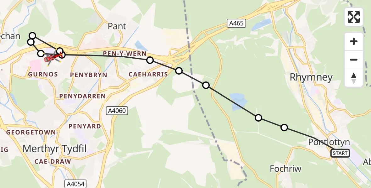 Flight route Air Ambulance Helicopter Pontlottyn - Merthyr Tydfil, 01 September 2026, 17:27