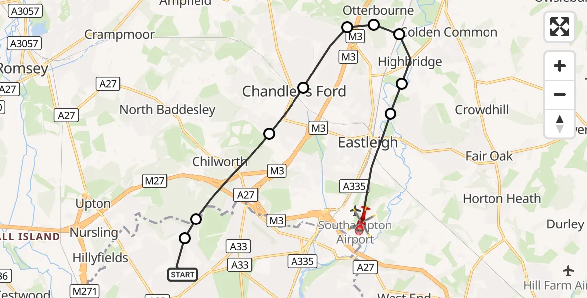 Flight route Air Ambulance Helicopter University Hospital Southampton - Southampton Airport, 01 September 2026, 17:50
