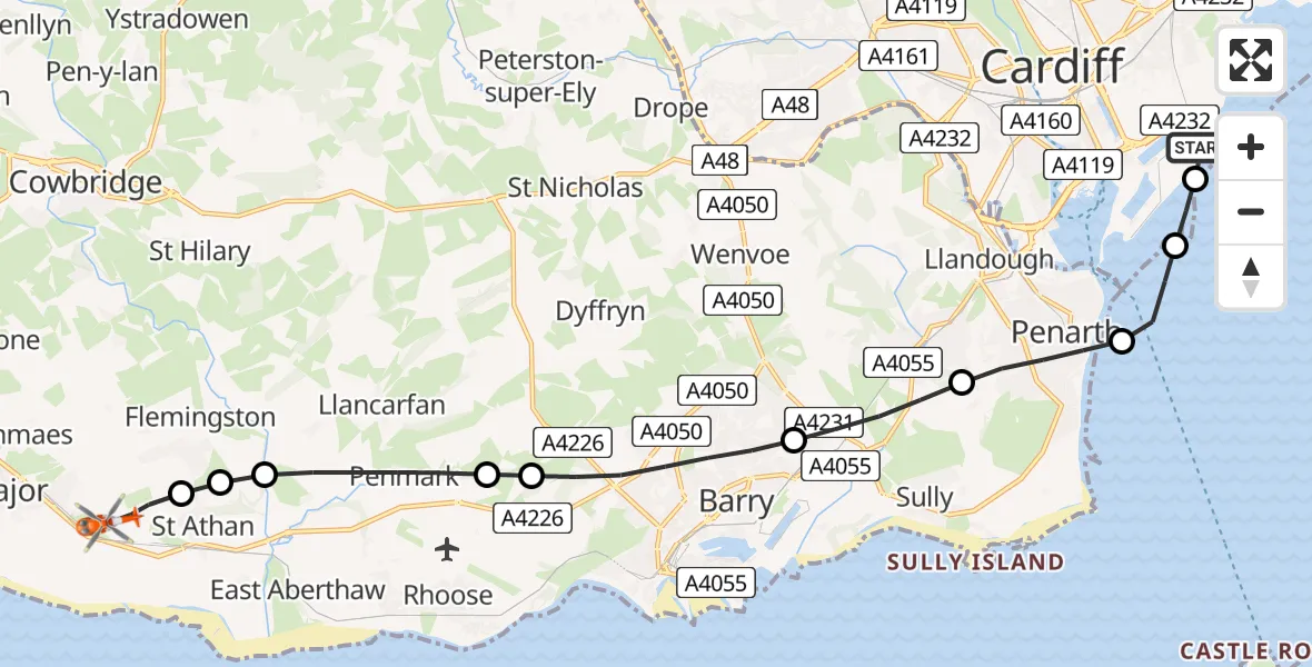 Flight route Coastguard Helicopter Cardiff Heliport - MOD St Athan, 01 September 2026, 18:00