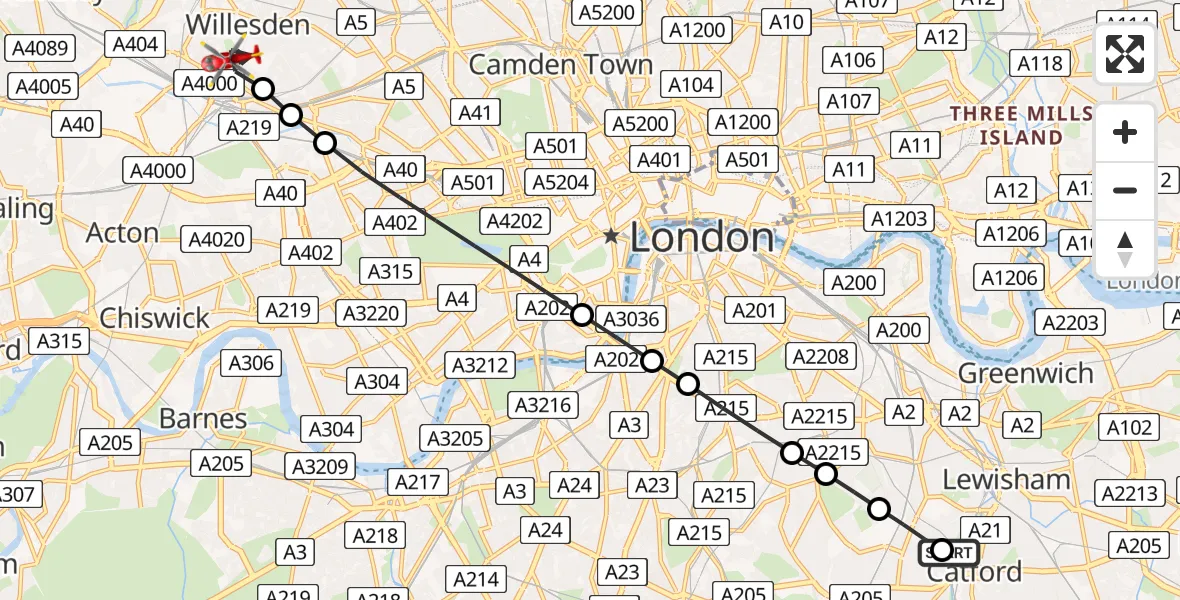Flight route Air Ambulance Helicopter Brockley - Harlesden, 01 September 2026, 18:01
