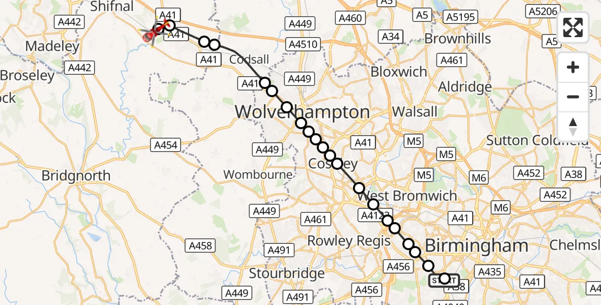 Flight route Air Ambulance Helicopter Queen Elizabeth Hospital Helipad - Shifnal, 01 September 2026, 18:14
