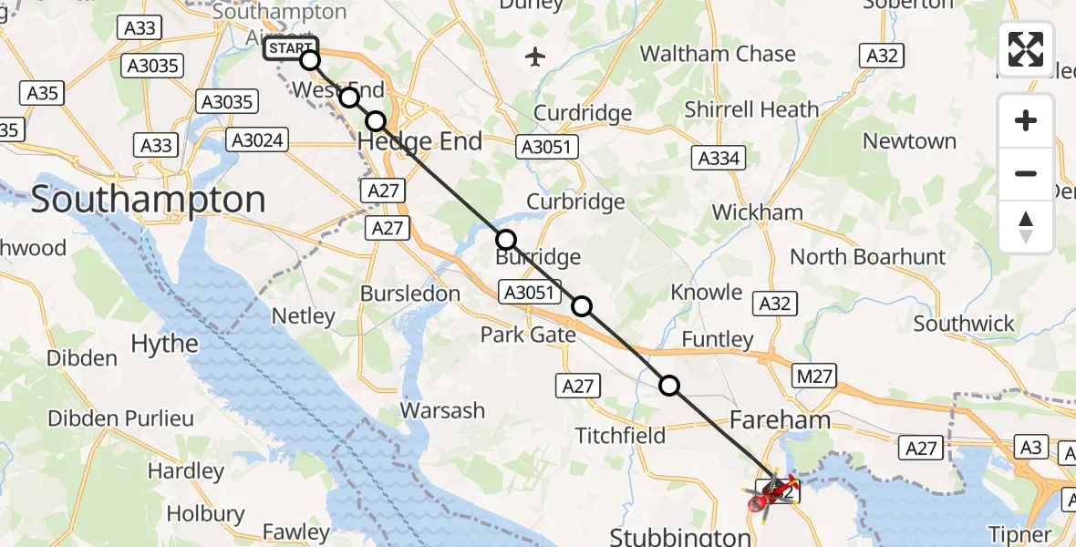 Flight route Air Ambulance Helicopter West End - Fareham, 01 September 2026, 18:19