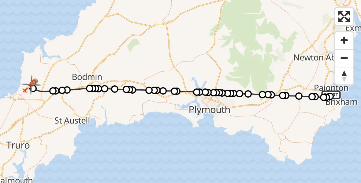Flight route Coastguard Helicopter Paignton - Cornwall Airport Newquay, 01 September 2026, 18:23