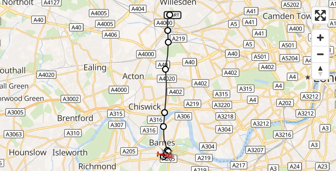 Flight route Air Ambulance Helicopter Harlesden - East Sheen, 01 September 2026, 18:24