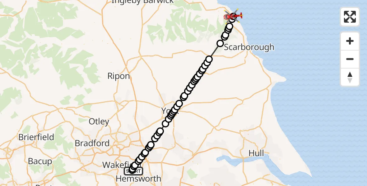 Flight route Air Ambulance Helicopter YAA Nostell Helicopter Port - Robin Hood's Bay, 01 September 2026, 18:38
