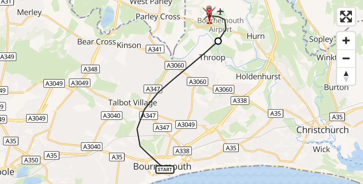Flight route Air Ambulance Helicopter Bournemouth - Bournemouth Airport, 01 September 2026, 18:49