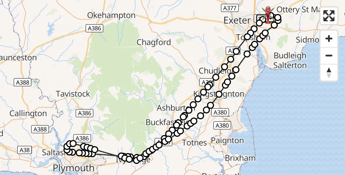 Flight route Air Ambulance Helicopter Exeter International Airport - Exeter International Airport, 01 September 2026, 18:57