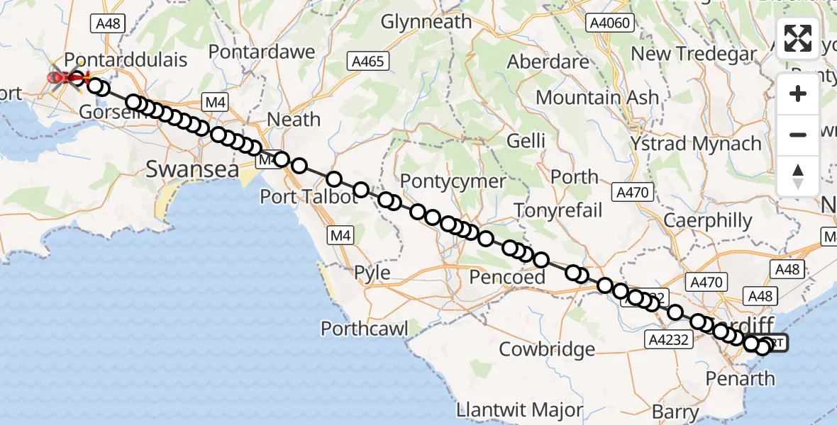 Flight route Air Ambulance Helicopter Cardiff Heliport - Dafen, 01 September 2026, 18:58