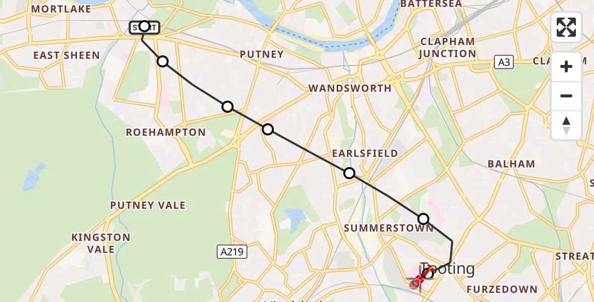 Flight route Air Ambulance Helicopter East Sheen - St Georges Hospital, 01 September 2026, 19:01